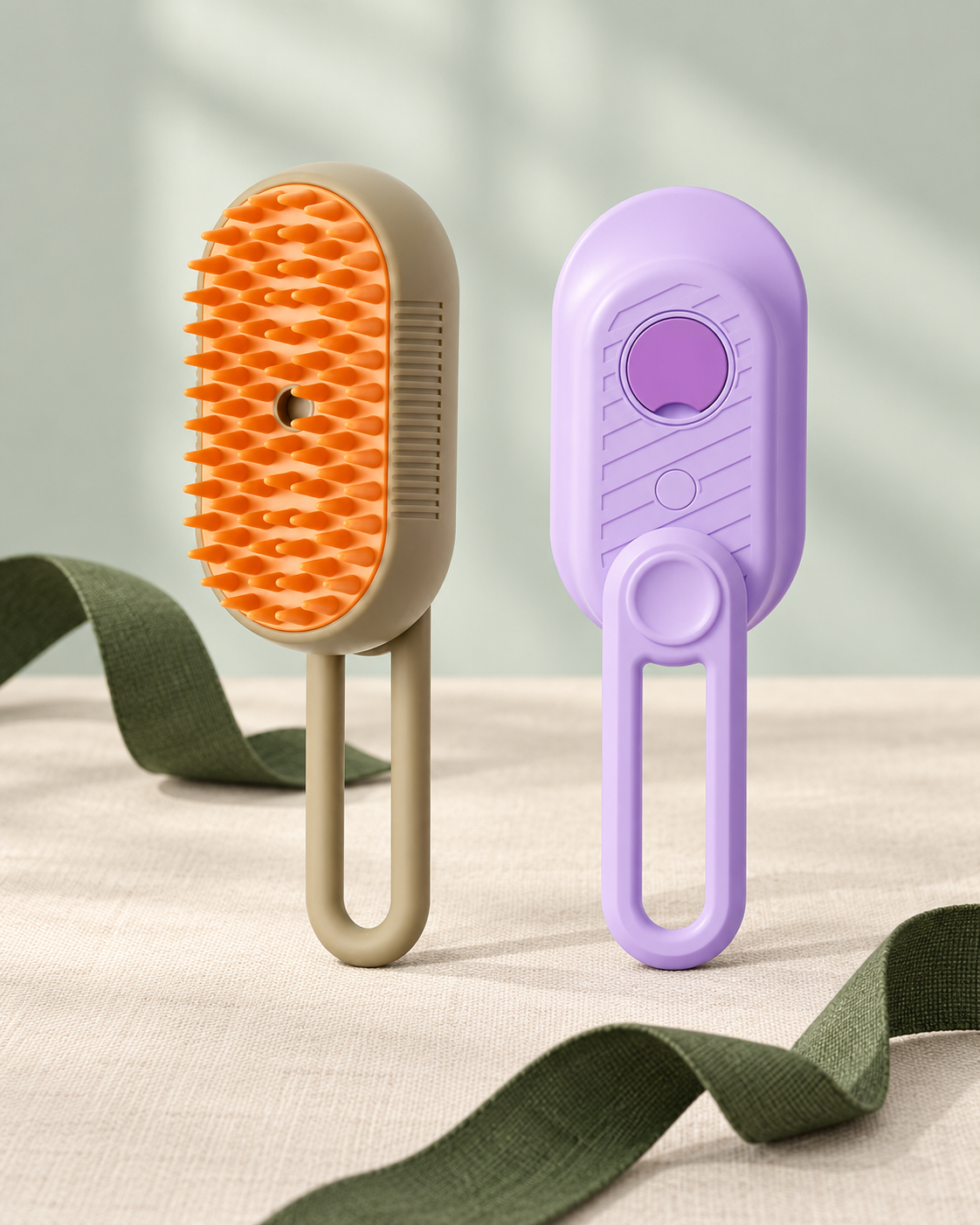 Two Petaluni mist brushes in Milk Brown and Light Purple with a green ribbon