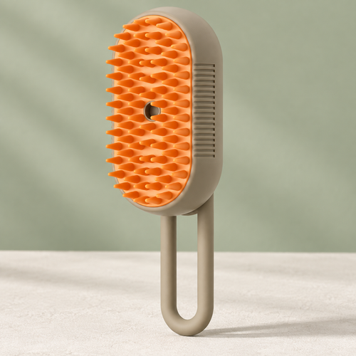 Petaluni mist grooming brush in Milk Brown on a sage background