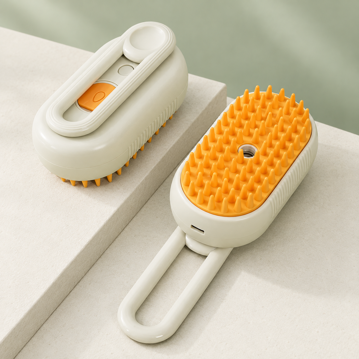 Petaluni mist grooming brush in Milk Coffee on a sage background