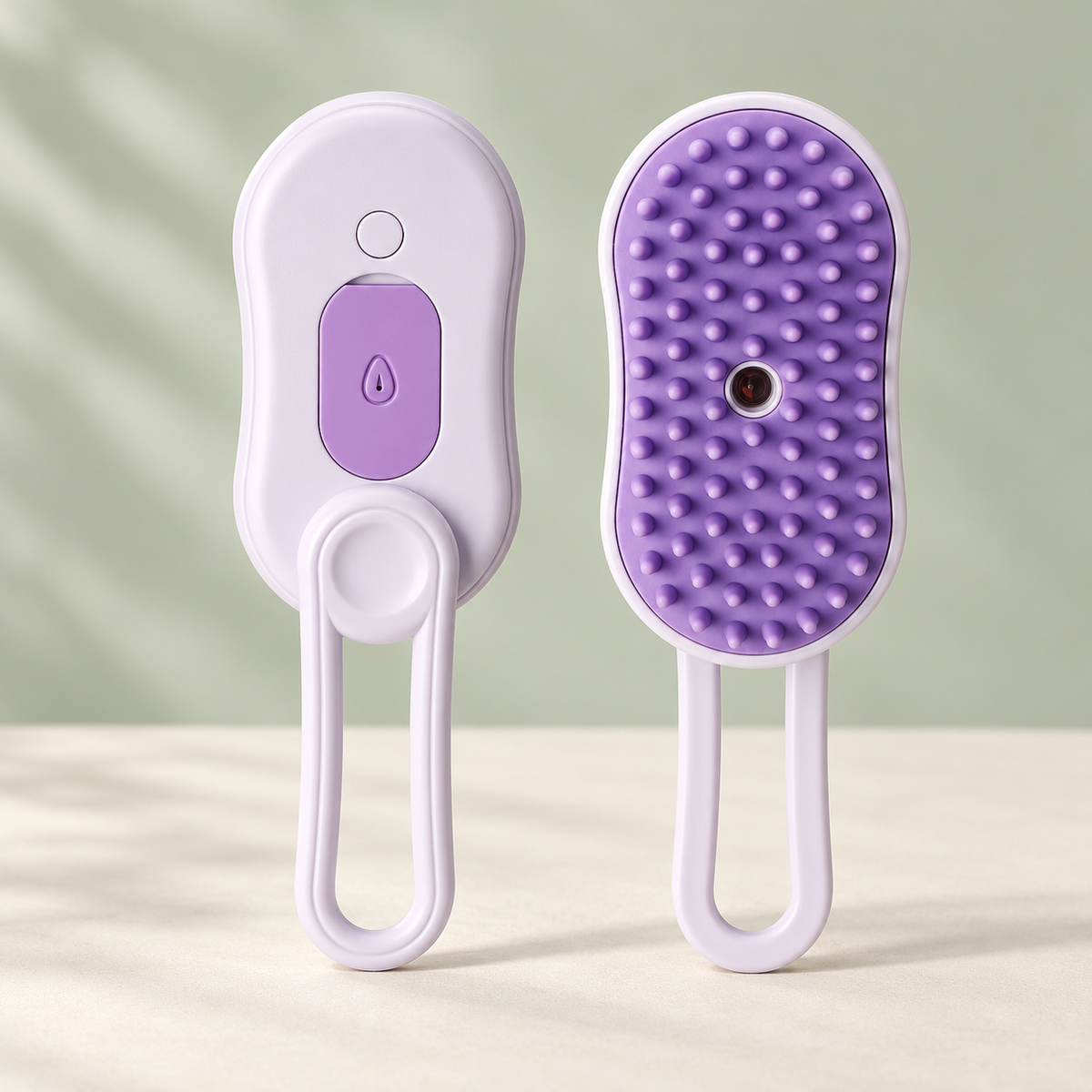 Petaluni mist grooming brush in Purple on a sage background