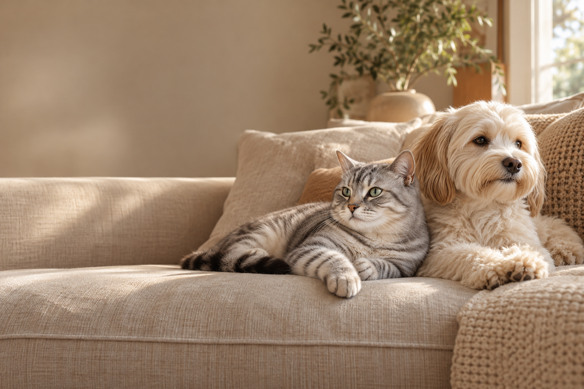 A cat and dog relaxing together in a warm neutral living room