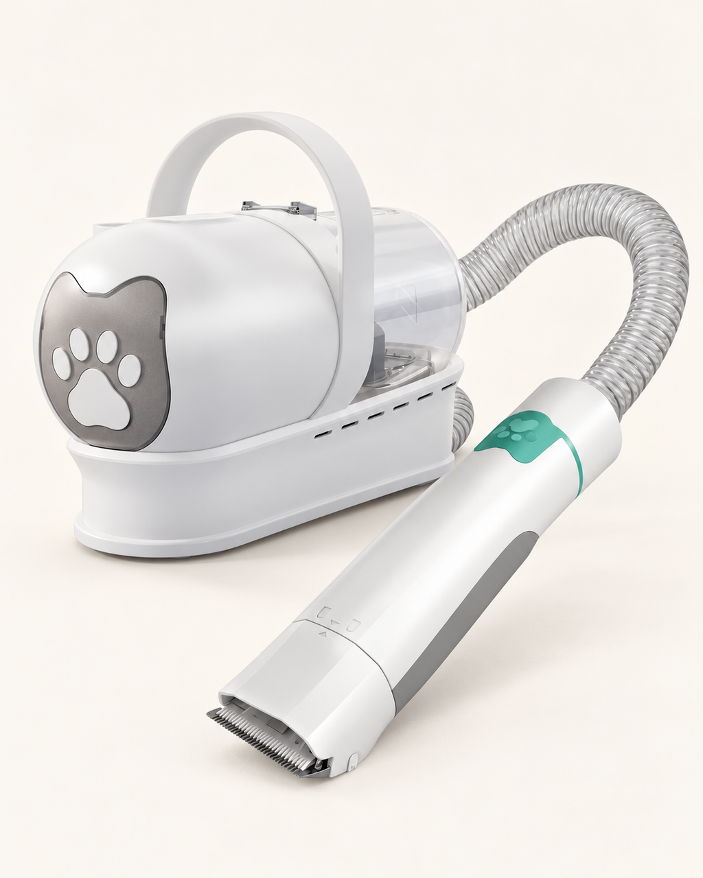 AI-styled studio image of the white Petaluni grooming vacuum, gray hose and clipper; see original supplier photos for the complete kit.