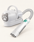 AI-styled studio image of the white Petaluni grooming vacuum, gray hose and clipper; see original supplier photos for the complete kit.