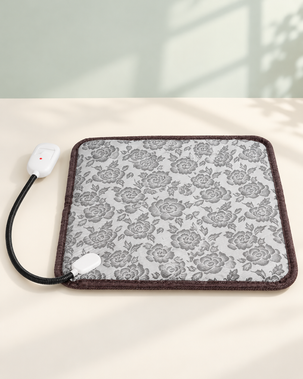 Petaluni pet heating pad in gray floral print with its wired controller
